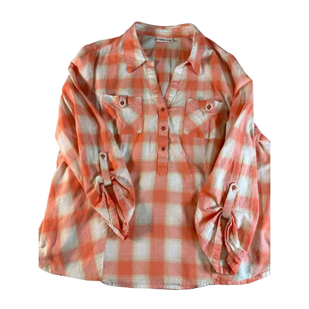 Cato Woman Orange Plaid Metallic Lurex Roll Tab‎ Sleeve Top Plus Size 26/28W